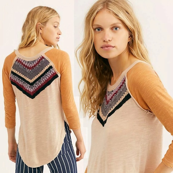 We the Free by Free People Spring Bound Crochet Panel Tee Boho Shirt Size XS - Picture 1 of 15
